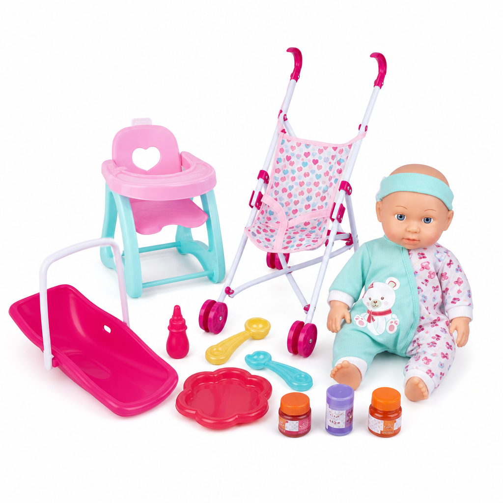 Poupée bébé deluxe+poussette 12" / طقم دمية بيبي ديلوكس مع عربة 12 إنش