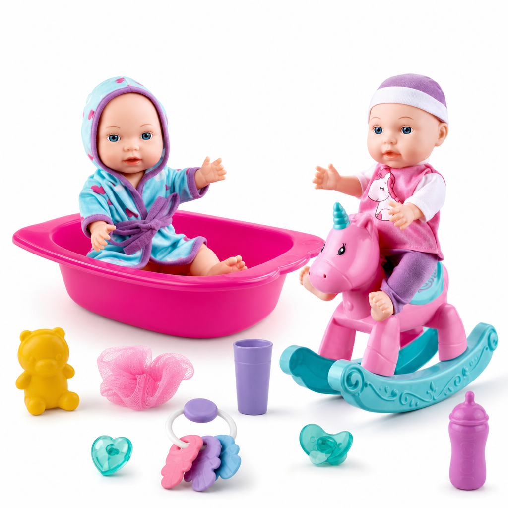 Poupée bébé deluxe+bain+cheval 12" / طقم دمية بيبي ديلوكس حمام+حصان 12 إنش
