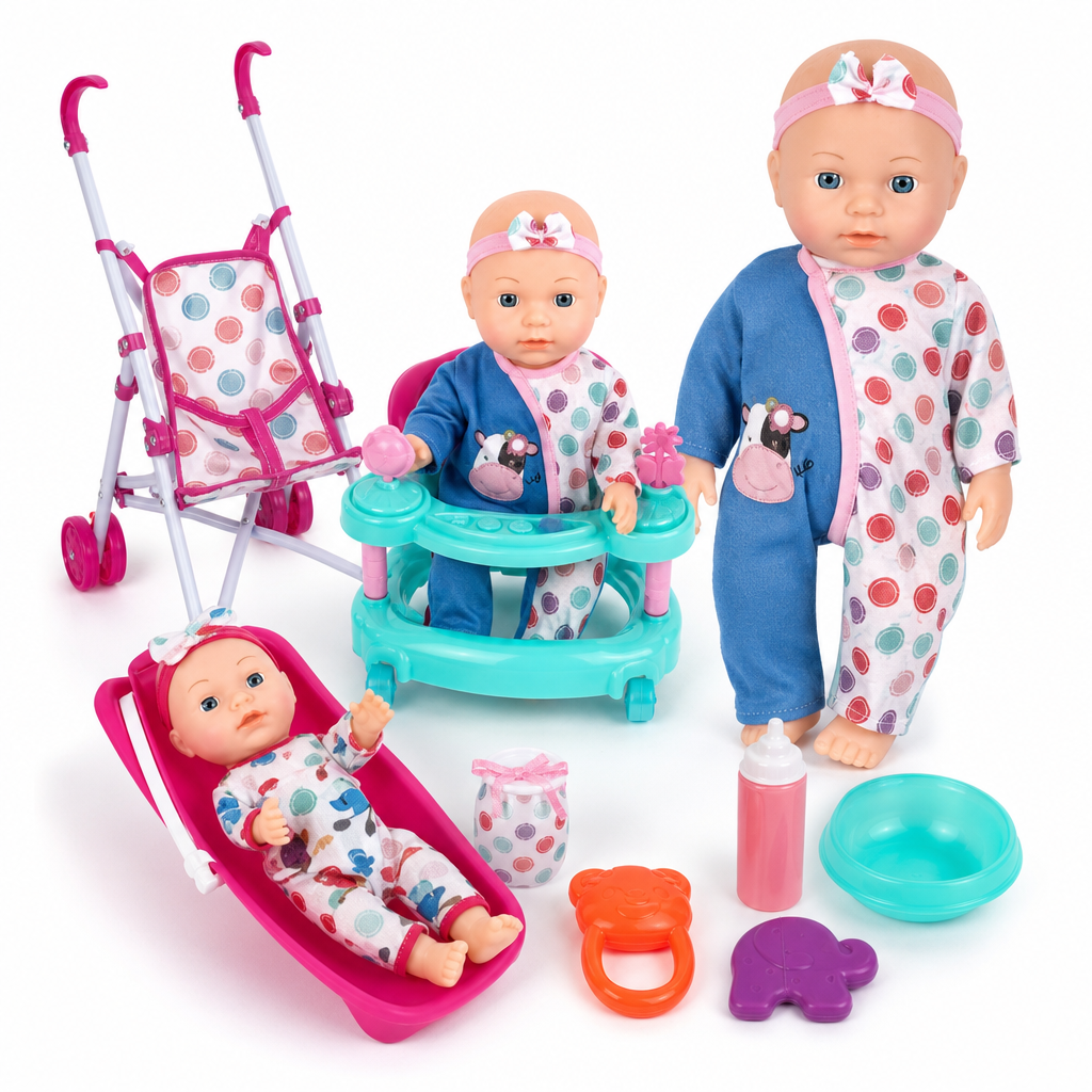 [TH4046-3] Poupée bébé deluxe+poussette+trotteur 12" / طقم دمية بيبي ديلوكس عربة+مشاية 12 إنش