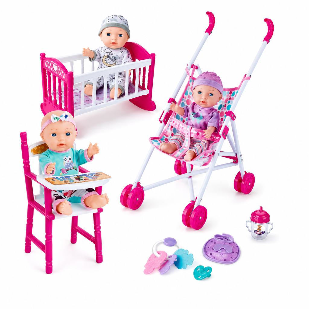 [TH4046-4] Poupée bébé deluxe+poussette+lit+chaise 12" / طقم دمية بيبي ديلوكس عربة+سرير+كرسي 12 إنش