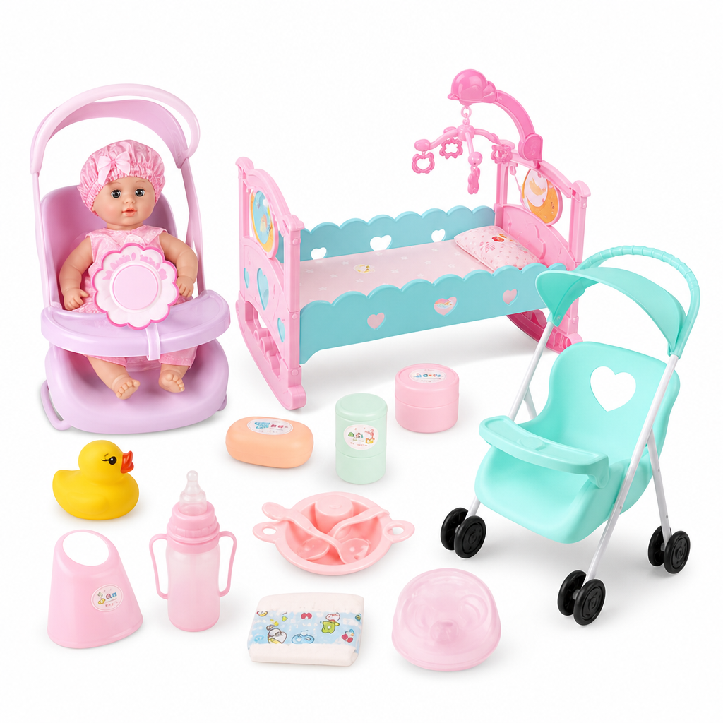 [TH3509-10] Poupée bébé 14"+lit+poussette / دمية بيبي 14 إنش مع سرير وعربة